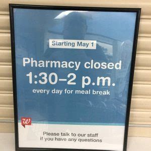 Walgreens meal break hours - The shifts can widely vary depending on the store and when you are needed. You do get a 30 min. lunch break but depending on the store is depending if you also get two 15 min. breaks or not. The breaks are unpaid. Don't ever worry about working more than 40 hours a week because they don't allow any overtime.